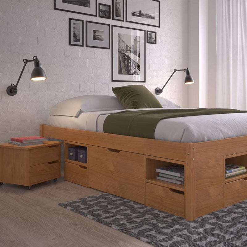 Cama Queen Multifuncional Madeira Maciça 6 Gavetas Charme Inter Link Amendoa