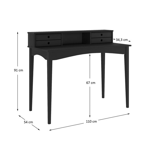 Mesa Escrivaninha Preto Retro Escritório Madeira Milano 4 Gavetas 1 Nicho